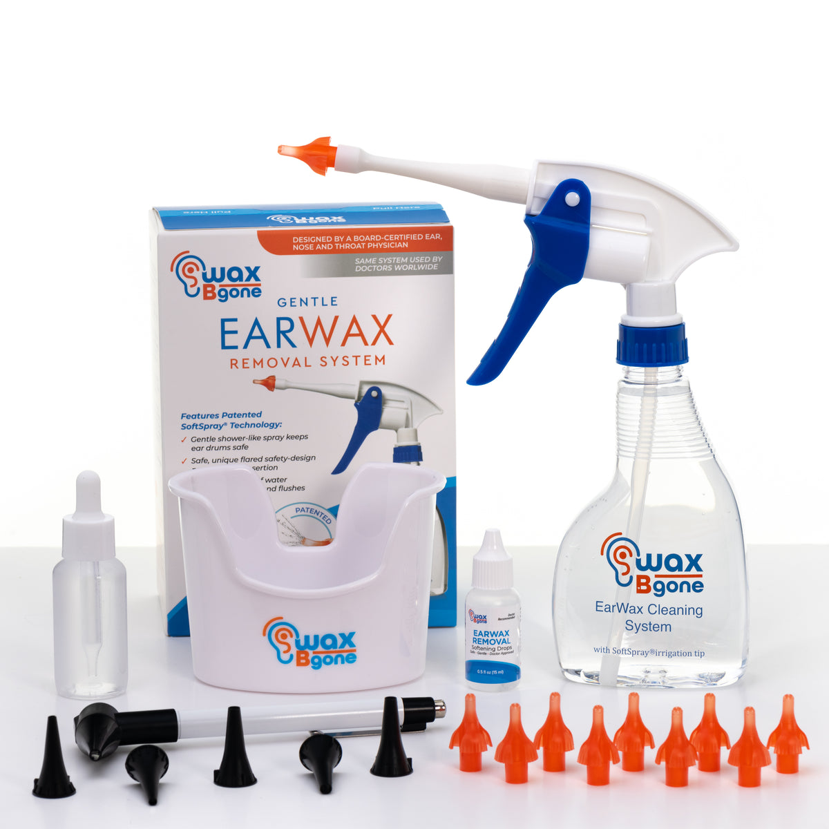 WaxBgone Ear Wax Removal Kit with SoftSpray Ear Irrigation Tips Otoscope  Basin and Ear Drops 